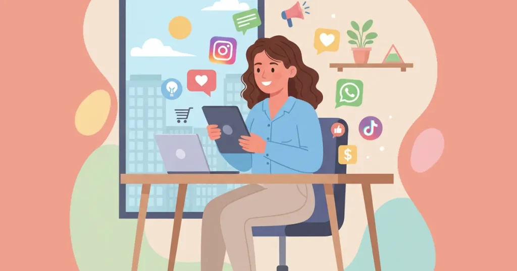 Ilustração de empreendedora usando tablet e notebook para postar em diversas redes sociais (Instagram, Facebook, TikTok, WhatsApp), com balões de curtidas, vendas e comentários, simbolizando como engajar e vender mais online